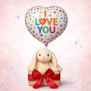 Caja con conejo beige y globo “I Love You”