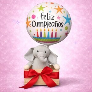 Caja con elefante beige y globo “Feliz Cumpleaños”