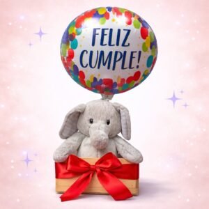 Caja con elefante gris y globo “Feliz Cumple”