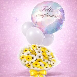 Ramo de gerberas amarillas y blancas con globos “Feliz cumpleaños”