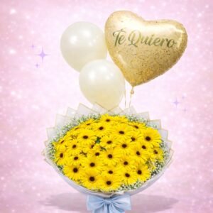 Ramo de gerberas amarillas con moño azul y globo “Te Quiero”