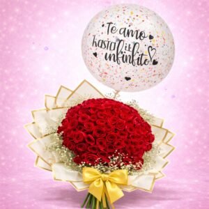 Ramo de rosas rojas + globo burbuja personalizado “Te amo hasta el infinito”