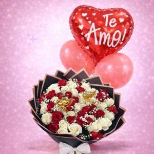 Ramo de rosas rojas y blancas con globos “Te Amo”
