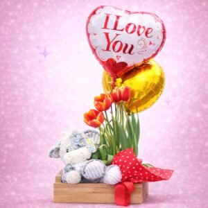 Tulipanes rojos con peluche de vaquita y globos “I Love You”