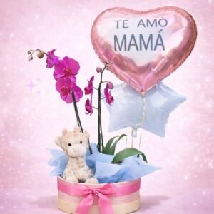Orquídea fucsia en caja con peluche de jirafa y globos “Te Amo Mamá”