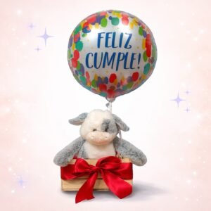 Caja con vaquita peluche + globo “Feliz Cumple!”
