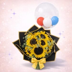 Ramo de girasoles con globo burbuja tricolor