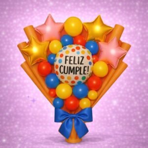 Bouquet cumpleaños multicolor con globo “Feliz Cumple!”