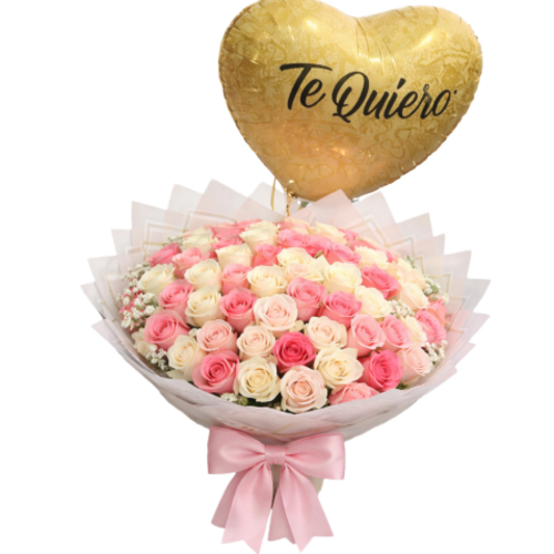 Ramo de rosas rosa C blanco con moño rosa y globo dorado “Te Quiero”