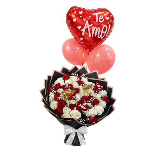 Ramo de rosas rojas y blancas con globos “Te Amo”